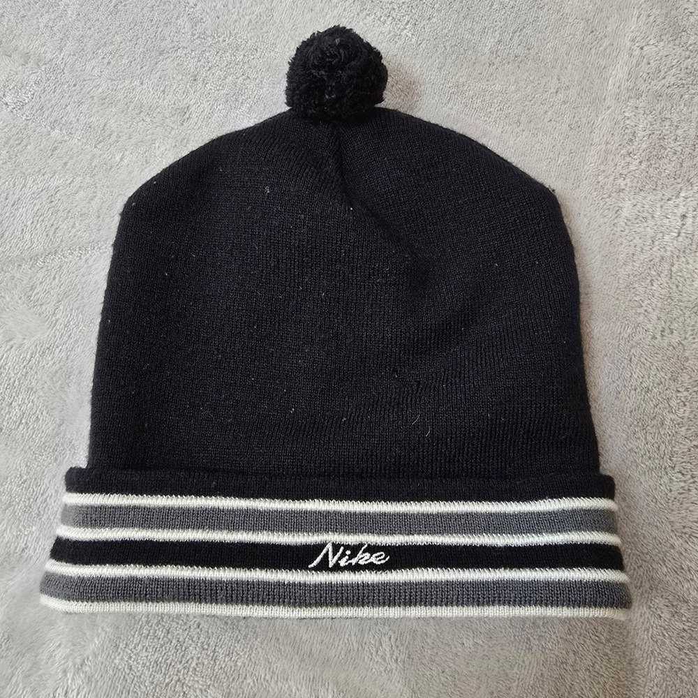 Vintage Nike Black Striped Beanie Pom Script Logo Knit Hat One Size